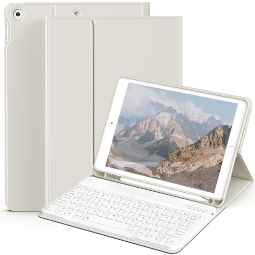 zoyu Keyboard Case for iPad 10.2 inch with Pencil Holder, Soft TPU Back Stand Cover with Magnetically Detachable Wireless Keyboard for iPad 9th/8th/7th Generation (2021/2020/2019), White Cream