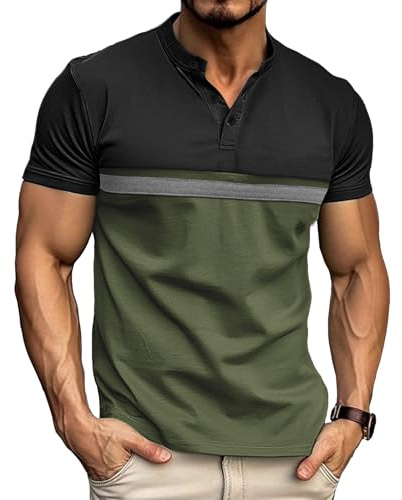 Comilaka Pikétröjor för män ledig kortärmad Henley Polo randig kontrastfärger kraglös t-shirt toppar sommar, Svart + grön, M