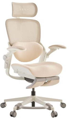 MUSSO E80 Muse FemmePosture™ Ergonomisk kontorsstol för kvinnor – 135° lutning och 3D-ländryggsstöd, 17 cm 4D-nackstöd, utdragbart fotstöd, sittdjup/höjdjustering, justerbara armstöd (beige)