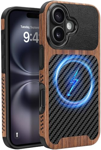 ZZDZZ Coque Magnétique pour iPhone 16 [Compatible avec MagSafe] Étui de Cuir en Bois et Carbone Protection Antichoc Housse pour iPhone 16 - Noir