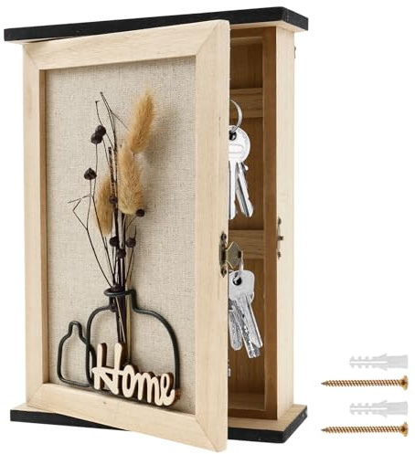 Schlüsselkasten Holz Schlüsselbox mit 6 Schlüsselhaken, Trockenblumen, Schlüssel Aufbewahrung Wand Schlüsselablage Wand Vintage für Eingangsbereiche, Wohnzimmer, Badezimmer und Flure
