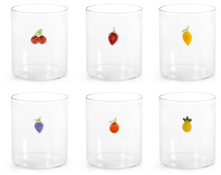 H&H, Set 6 Bicchieri in Vetro Borosilicato 42 cl con Miniature Fruttate Esterne – Ciliegie, Fragola, Uva, Limone, Pesca, Ananas – Lavabili in Lavastoviglie