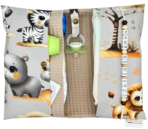 Generisch Frau Else Personalisierte Windeltasche mit Name und Datum für unterwegs, Tierbaby-Design mit Waffelpiquet in Braun, Große Wickeltasche für bis zu 4 Windeln + Feuchttücher, Wickelorganiser
