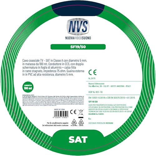 NVS Cavo coassiale TV – SAT in Classe A con diametro 5 mm in matassa da 100 mt. Conduttore in CCS, con doppia schermatura in foglio di alluminio + calza fitta in rame stagnato, impedenza 75 ohm.