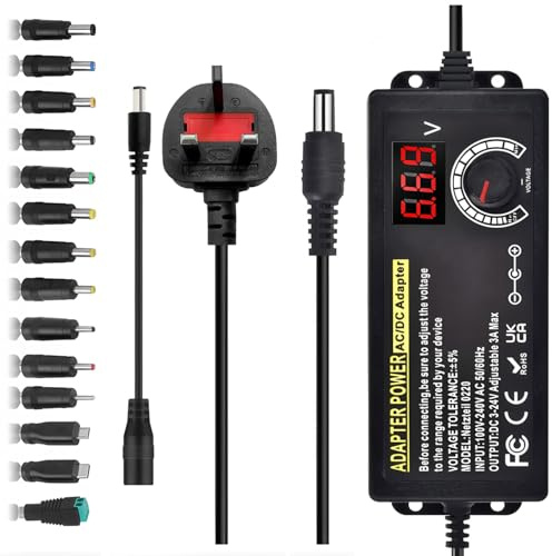 3A 72W Universal Power Supply Adapter: Adjustable Variable AC/DC Adapter Charger 100V-240V AC to DC 3V~24V Converter with LED Voltage Display 14 Tips and Polarity Converter for Electronics (Black)