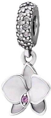 Ciondolo Charm Orchidea in Argento Sterling con Cristallo Rosa e Zirconi, Pendente per Braccialetti