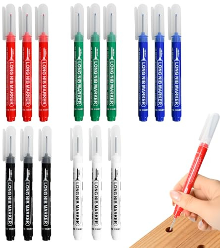 Rieoany Deep Hole Marker 15 Pack, Long Nib Tracer Pen for Metal Wood Tile, Fine Tip Marking Pen for Carpentry Plumbing Construction in 5 Colors
