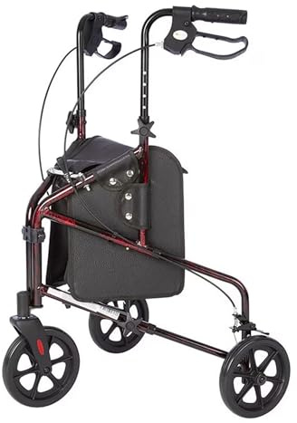 Rhythm Healthcare Rally Lite Aluminum 3-Wheel Folding Walker, Lightweight Rollator Mobility Aid with Tote Bag for Seniors, 250 Lb Capacity, Laser Red