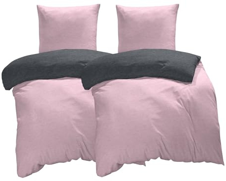 one-home Winter Bettwäsche Biber Meliert Baumwolle Flanell Kuschelig Flauschig Warme Weiche Melange Modern, Größe:4 teilig 135x200 cm, Farbe:rosa/anthrazit
