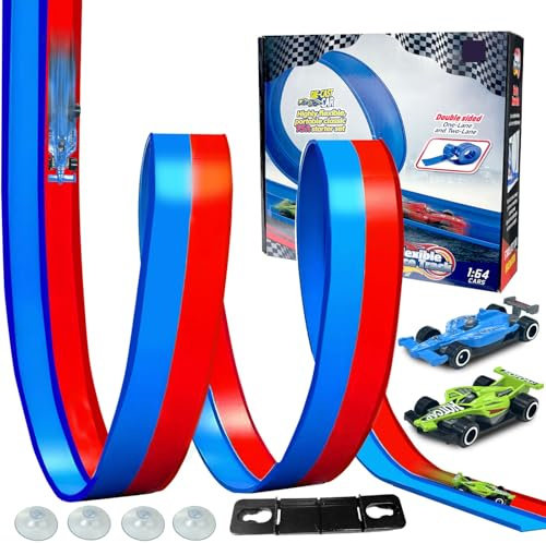 Flexibel Racerbana, 4.5 Meter Bilbana Racerbana med 2 Bilar, Bärbar Racing, Leksaksramp, Röd och Blå Tvåfärgad Bana, för 1/64 bilar, Lek och Lärande Födelsedagsfest Barn