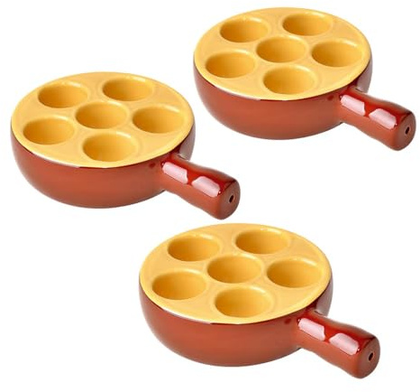 PEGANE Lot de 3 poêlons à escargots 6 Trous en Porcelaine Plat pour escargots avec poignée,Passe au Four et Lave-Vaisselle - 12 x 3,5 cm