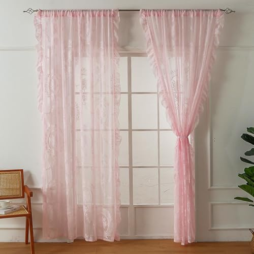 Fmorgen Französische Spitzenvorhang Durchlässig Spitzenvorhang, 2 Stück Spitzengardinen Gardinen Vintage-Fensterbehandlung Ösenvorhang für Wohnzimmer Schlafzimmer (Pink-140x260CM)