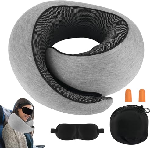 DAJASD Nackenkissen Flugzeug, 360° Stütze Reisekissen Flugzeug aus Memory Foam mit Ohrstöpseln, Augenmaske, Tasche, Tragbares Nackenkissen Auto, Travel Pillow für Büro Hotel Reisen - Grau