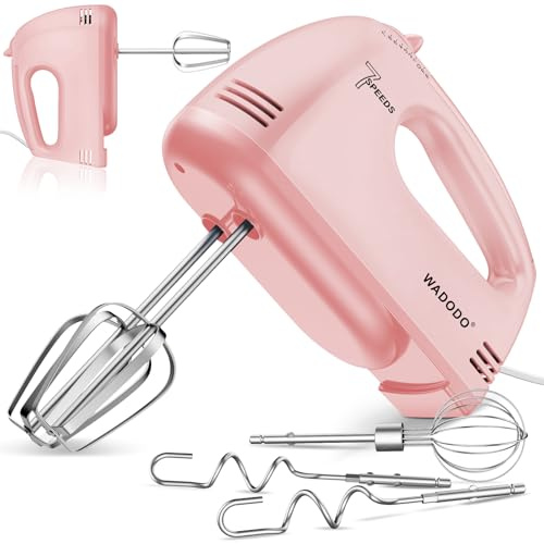 WADODO Electric Hand Mixer, 7-Speeds Small Handheld Mixer Portable Food KitchenMixer with 5 * 304 Stainless Steel Beaters, Whisk, Dough Hooks Attachment for Baking Cake Cookies Cream, Pink
