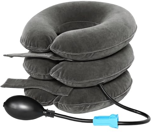 Cervical Neck Traction Device Inflatable Neck Stretcher Support Brace Adjustable Support Pillow Traction Collar for Chronic Shoulder Pain Relief Brace Spine Alignment Decompression Relaxer Grey