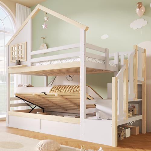 Ktipm Litera de 90x200 cm con Almacenaje Hidráulico y Escalera Almacenamiento, Literas Cama Infantil con Diseño de Techo y Protección Anticaída, Cama Litera Matrimonio, Sin Colchón, Blanco+Natural