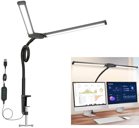 PULUZ Double Head Desk Lamp with Clamp, 24 inch Monitor Light Bar with Dimmable 3 Colors Temperatures for Home Office, Eye Protection Gooseneck Office Table Lamp for Computer Reading