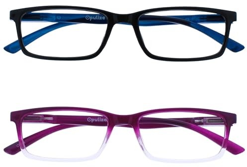 OPULIZE SEE Blaulichtfilter Lesebrille für Damen Herren, Blendfreie UV400-Schutz Federscharnier Anti-Müdigkeit, Rechteckiger Rahmen, Computerbrillen Gaming, 2er-Pack Schwarz Violett +0,00