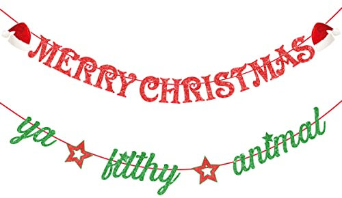 Merry Christmas Ya Filthy Animal Banner rot grün Glitzer mit Weihnachtsmütze für Weihnachten Party Dekorationen, Xmas Home Office Kamindekoration