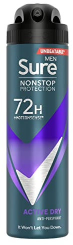 Sure Men Active Dry Nonstop Protection MotionSense technology anti-perspirant deodorant spray Anti-perspirant Deodorant Aerosol 72h protection against sweat and odour 150 ml