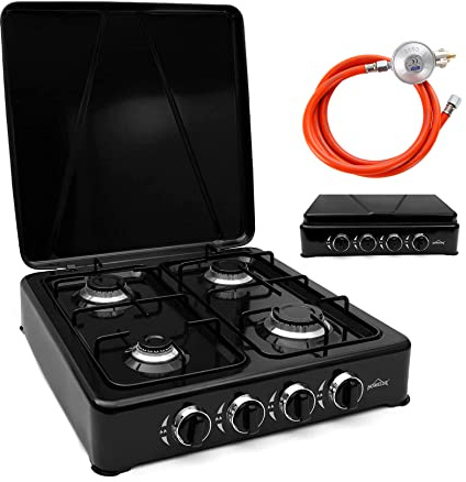 HOMELUX 6,2 KW Gaskocher, Schwarz 4 Flammig Campingkocher mit Deckel
