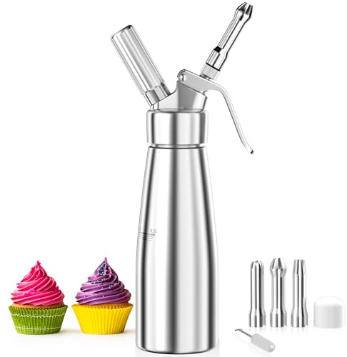 Fousenuk 500ml Sifone Panna Montata, Sifone da Cucina Alluminio con 3 Ugelli in Acciaio Inox e 1 Spazzola da Pulizza per Decorazione Torte di Compleanno Pasticceria Panna Gelato e Dessert