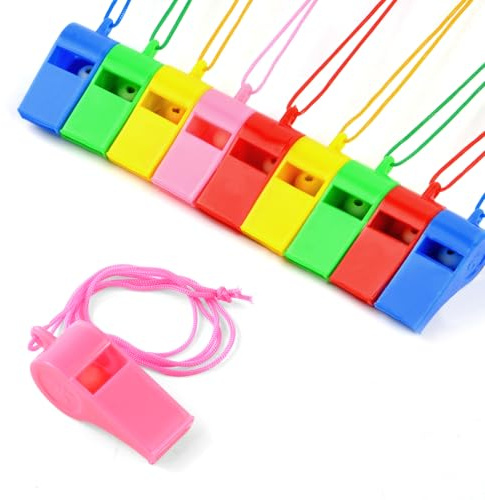 OFFCUP Sifflet Sonore Fort, 10pcs Sifflets en Plastique Colorés, Sifflet de Sport en Plastique avec Cordon, Sifflets d'Arbitre en boîte pour Sport Entraîneurs Garde Sauveteurs Enseignants