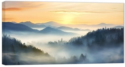 ZXHYWYM Große neblige Berg Leinwandbilder Sonnenaufgang Wald Baum nebliges Gemälde Drucke natürliche Landschaft Bilder Heimdekoration für Wohnzimmer Büro Gerahmt (Bild-1, (30.00 x 60.00 cms))