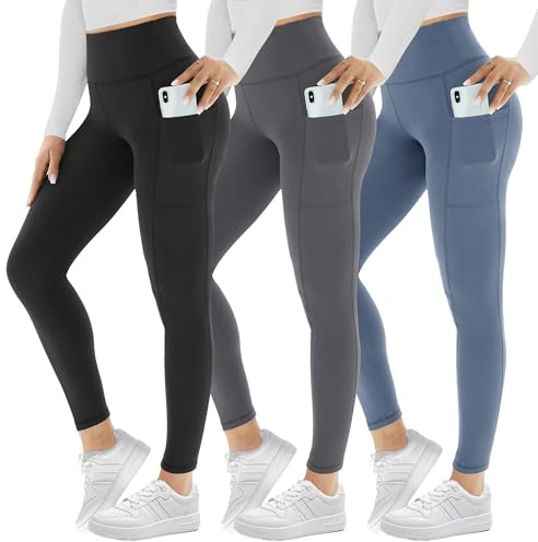 AMIYOYO 3 Pack Leggings for Women with Pockets High Waist Gym Leggings | Tummy Control Stretchy Yoga Pants Trousers Workout Sports Fitness Running