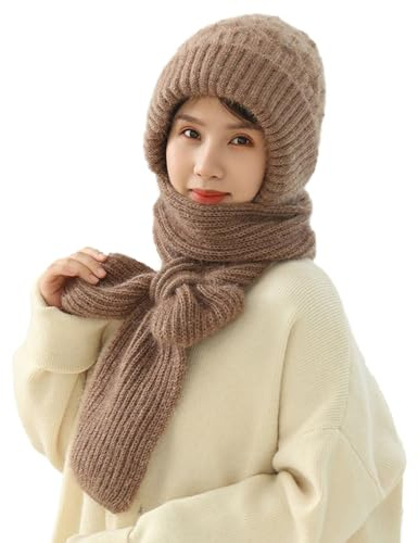 Geagodelia Damen Kapuzenschal Mützenschal Winter Mütze und Schal Set Integrierter Gehörschutz Winddichte Mütze Schal Weiche Warme Winterschal Wintermütze 2 in 1 (Braun)