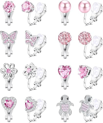 8 paia di orecchini a clip per bambini, orecchini da ragazza, senza foro per l'orecchio, ipoallergenici, a forma di cuore, a forma di stella, fiori, arcobaleno, tartarughe, graziosi orecchini rosa