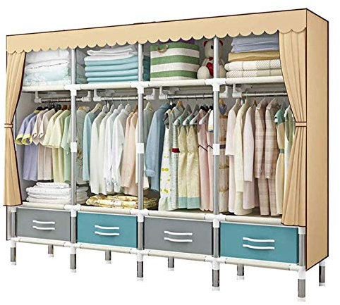 Tragbarer Kleiderschrank aus Segeltuchstoff, verdicktes Stahlrohr mit Metallregal und Staubschutz, platzsparend zum Aufbewahren von Kleidung, Schuhen, Spielzeug,B