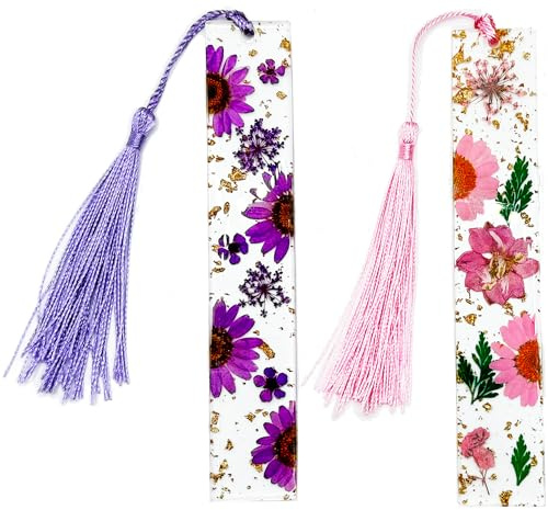 Azenera - Signets en Fleurs Pressées (Pack de 2) Résine Florale Séchée Transparente avec Pompons - Cadeau Fait Main pour Femmes, Étudiants, Bouquineurs, Amateurs de Livres, Accessoires pour Augmenter