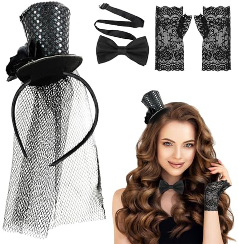 3 Stück Mini Top Hut Haarreif Set,Schwarz Zylinder Hut Haarreif | mit spitzenhandschuhe schwarz und Schwarz Fliege,Karneval Party Kopfschmuck Accessoires,für Halloween Karneval Cosplay Kostüm