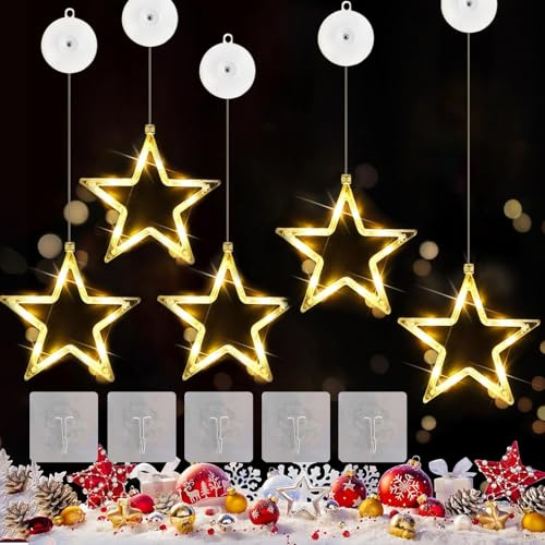 JEONDFG 5 Stück LED Sterne Weihnachtsbeleuchtung,Weihnachtsdeko Fenster,Fenster Weihnachtsbeleuchtung,LED Stern Lichter Fenster,Warmweiß Fenster Lichterkette Sterne Innen für Weihnachten Deko