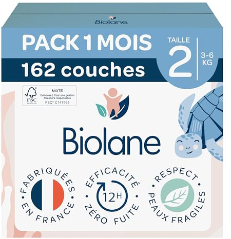 BIOLANE - Babyblöjor storlek 2 - (3-6 kg) - känslig hud - ultraabsorberande, läcker inte, upp till 12 timmar vid torr - komfort och skydd - 1 månadspaket 162 blöjor - tillverkad i Frankrike