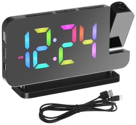 Cabilock Projection Alarm Clock for Bedroom Ceiling, 180° Rotatable Time Projector with 10 Colors RGB Night Light, Digital Led Display Clock with USB Type C Charger Port for Elderly Heavy Sleepers