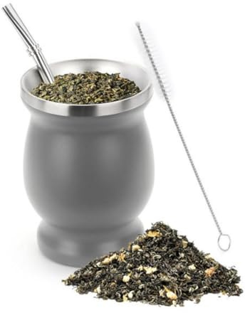 Mate Becher,Mit Strohhalmlöffel und Reinigungsbürste, Edelstähle Mate Tee Set, Kaffee, Milch und Saft.(Grau)