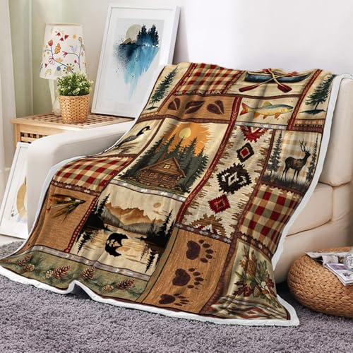 Viajar Rustic Cabin Blanket, Rustic Lodge Flannel Throw Blankets Bear Deer Country Hunting Wild Animal Cozy Warm Bed Couch Blanket, Rustic Farmhouse Bear Flannel Throws for Bed Couch, 60X70, Brown