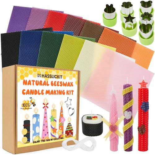 HASSLICKIT Natural Beeswax Candle Making Kit for Kids, 12 Beeswax Sheets for Candle Making Rolling Kits (Classic Color, 8 x 8 inch)
