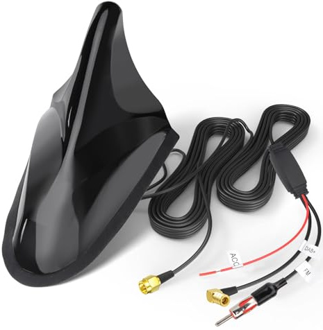 Eightwood DAB DAB+ Antenne Autoradio Antennensplitter AM/FM GPS Dachantenne Shark Antenne Auto mit Signal Verstärker Von KFZ Haifischflosse Antenna SMB Stecker SMA Adapter DIN mit 5M Extension Kabel