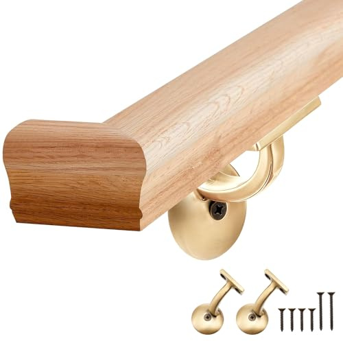 Maasechs 6010 Red Oak Handrail Kit 6 ft with Wall Returns and Wall Mount Brackets Indoor Wood Stairs Handrails Included Screws for Bars Home Corridor Lofts(Brass, 90° Angle)