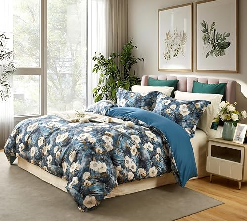Cupocupa Floral Queen Comforter Set;Vintage Garden Boho Bedding Comforter Set Soft Reversible Botanical Flower Comforter Design 1 Comforter 2 Pillow Shams Botanical Patterns Comforters Queen Size Set