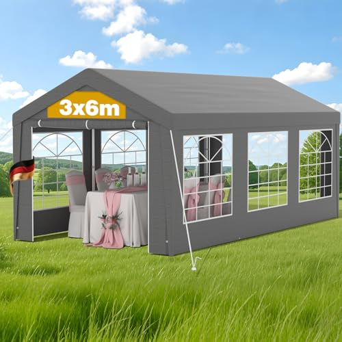 Pavillon 3x6m Winterfest – Wasserdichtes & stabiles Gartenzelt mit Fenstern, schweres Partyzelt für Hochzeit, Feier, Hausparty – Winddichtes Festzelt für den Winter, grau