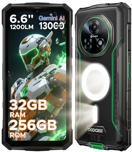 DOOGEE Fire 5 Ultra Android 15 Outdoor Handy ohne Vertrag, 32GB RAM/256GB ROM(2TB) 1200LM Dual, 13000mAh Großer Akku Handy, 6.6 HD+90Hz, 48MP+8MP Outdoor Smartphone, Gemini AI/Face ID/NFC/OTG/GPS