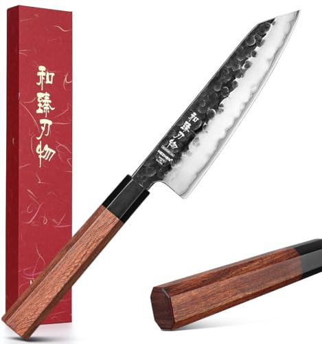 HEZHEN 15cm Cuchillo de Kiritsuke de Acero compuesto, Cuchillo de Chef Estilo Japonés Cuchillos de Cocinero, Mango Octogonal de Redwood