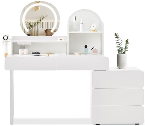 CLIPOP Schminktisch, LED, Steckdose, 3 Farben, 5 Schubladen | Runder Spiegel, 2 Fächer, Kosmetiktisch, Frisiertisch, für Frauen & Mädchen, weiß, modernes Design, viel Stauraum