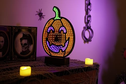 Smart Garden Infini-Kin Halloween Kürbis Licht - 28cm LED Infinity Spiegel Dekoration mit doppelseitigem Jack O'Lantern Design - Mehrfarbige Batterie oder USB-betriebenes Innendisplay