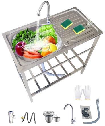 Lavabo Commercial De Cuisine Évier sur Pieds en Acier INOX Extérieur Évier De Jardin avec Robinet Et établi, Peu Encombrant, évier De Restaurant, évier De Buanderie 75x40xh75cm Évier Utilitaire