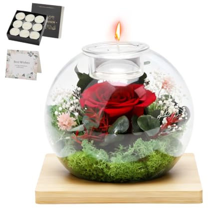 Rosa Eterna sotto Campana di Vetro con 18 Candele Profumate, Kit di Aromaterapia, Regalo Romantico per Donna Moglie Fidanzata Compleanno Natale Festa della Mamma San Valentino (Rosa a foglia verde)